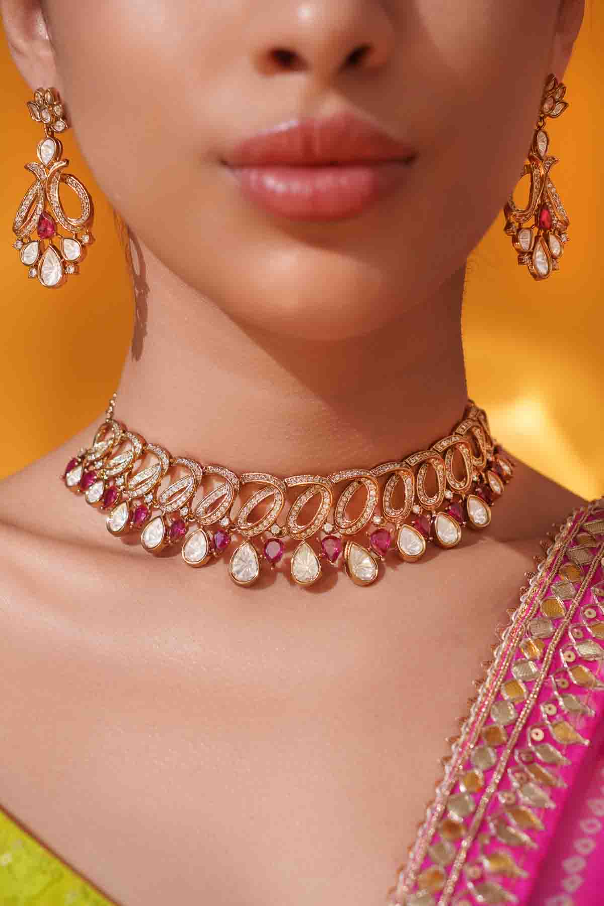 Zevar Two Tone Kundan Polki Stone Necklace Set With Matching Earrings indian designer wear online shopping melange singapore 