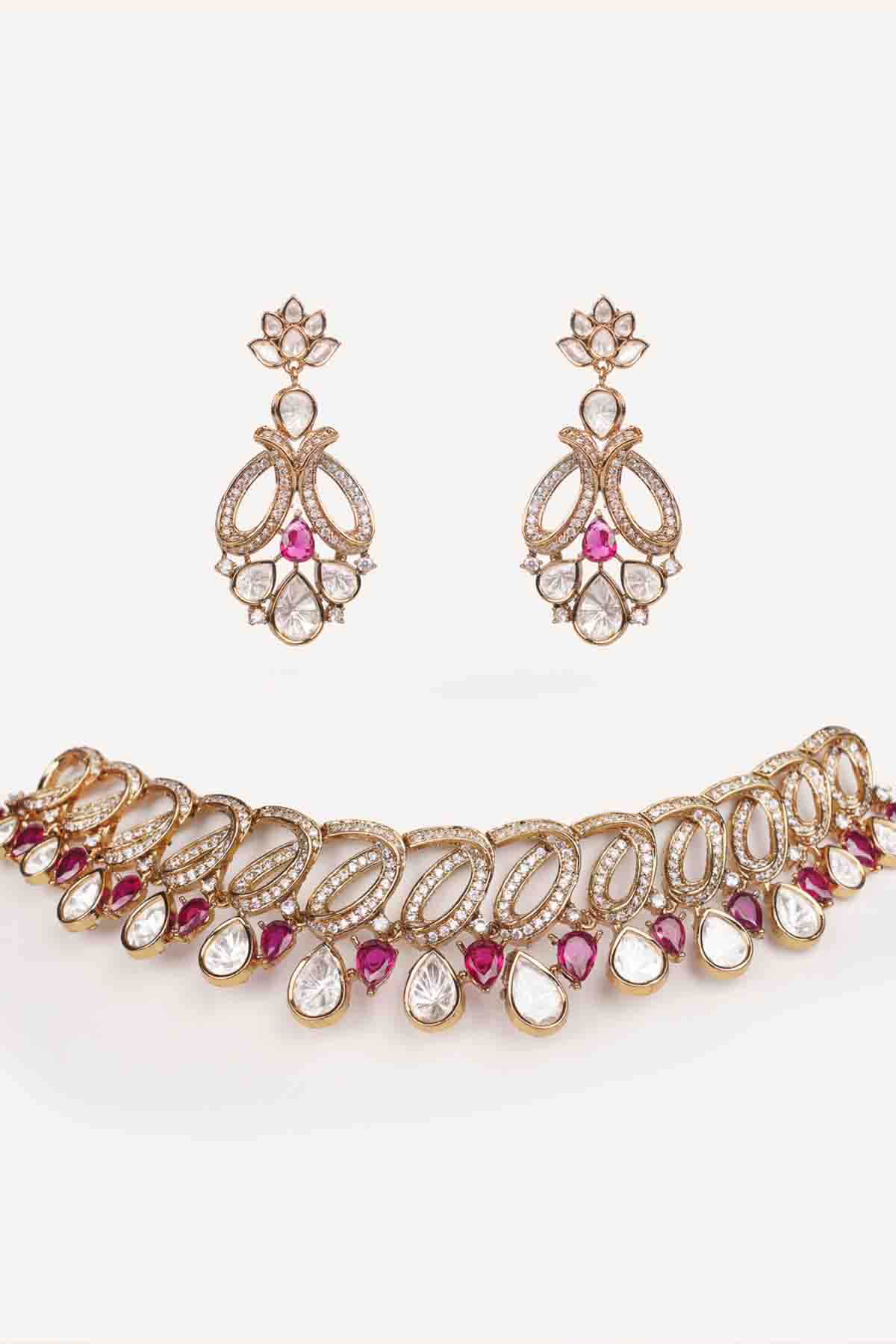 Zevar Two Tone Kundan Polki Stone Necklace Set With Matching Earrings indian designer wear online shopping melange singapore 