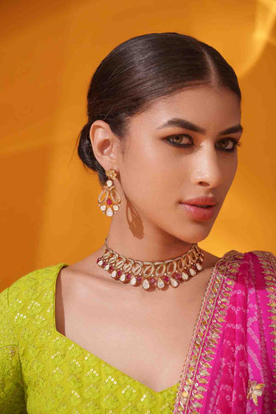 Zevar Two Tone Kundan Polki Stone Necklace Set With Matching Earrings indian designer wear online shopping melange singapore 
