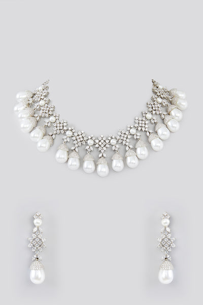 Zevar White Diamond Necklace With Pearls Set indian designer wear online shopping melange singapore