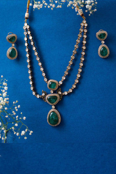 Zevar Polki Double Layered Necklace Green jewellery Indian designer wear online shopping melange singapore
