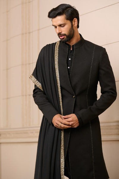 Tarun Tahiliani Menswear Sherwani Kurta And Trouser Black indian designer wear online shopping melange singapore