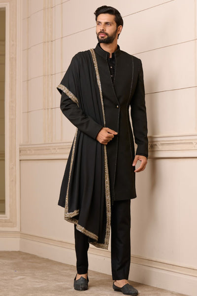 Tarun Tahiliani Menswear Sherwani Kurta And Trouser Black indian designer wear online shopping melange singapore