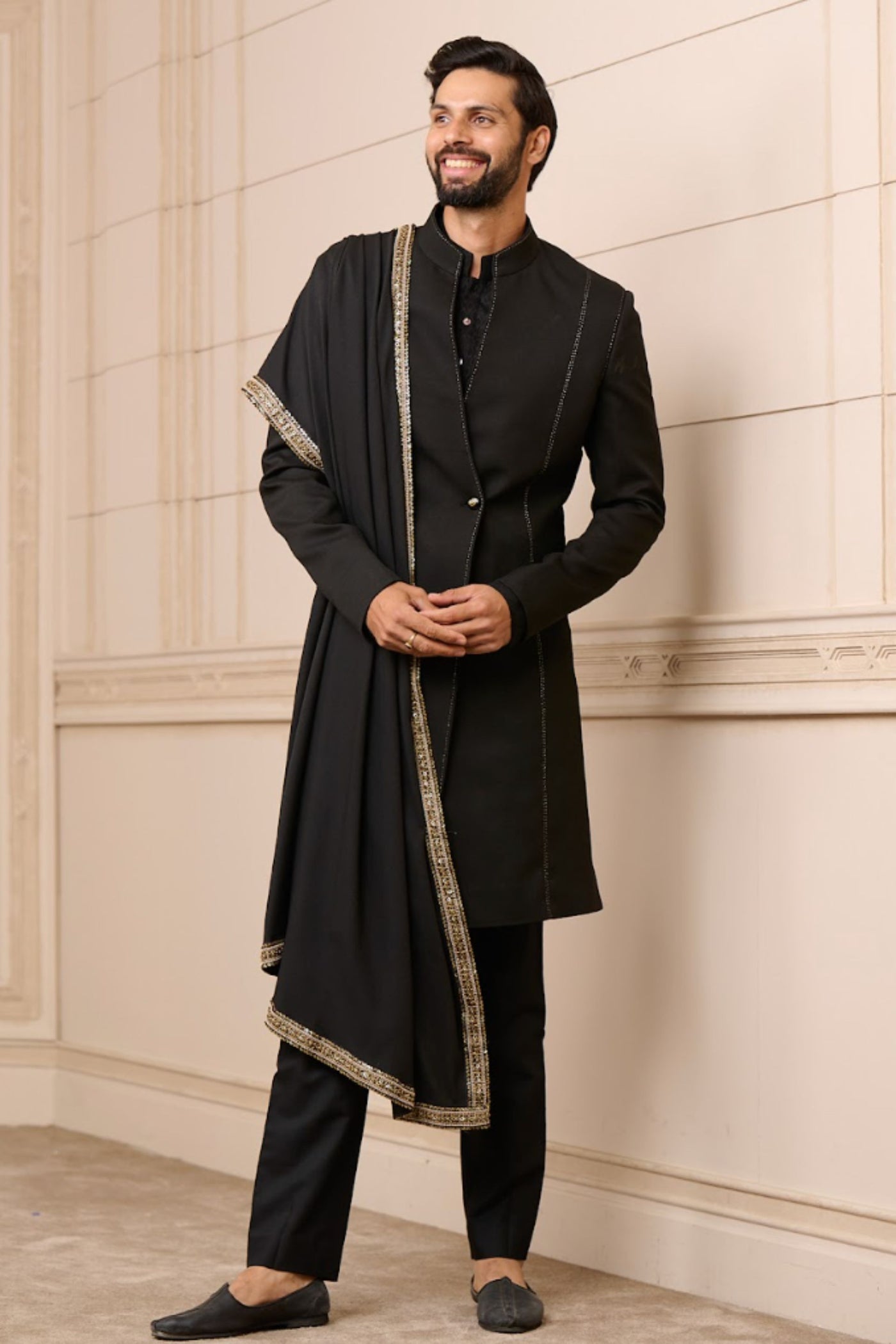 Tarun Tahiliani Menswear Sherwani Kurta And Trouser Black indian designer wear online shopping melange singapore