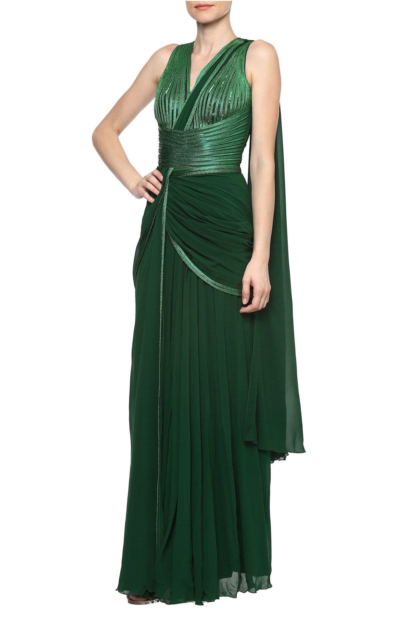 Emerald Pre-Stitched Saree With Moulded Metallic Bodice