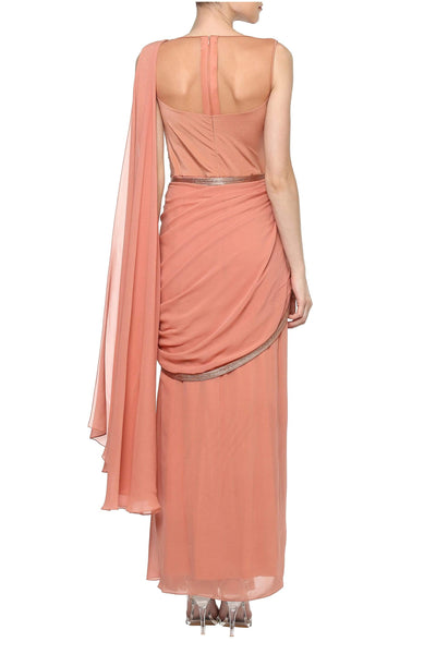 Peach Pre-Stitched Saree with Moulded Metallic Bodice