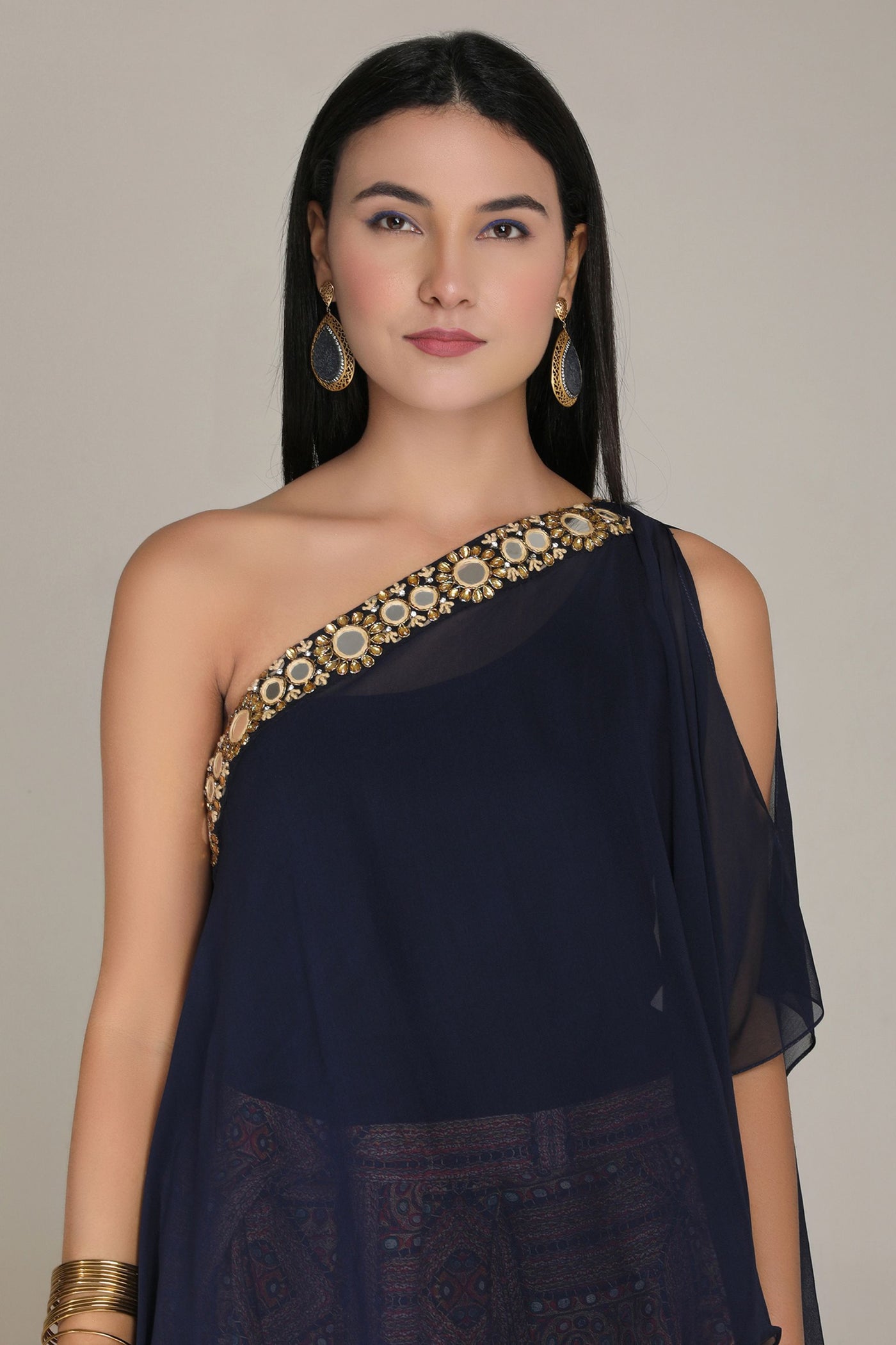 Aneehka Kutch Versatile navy blue Square top with printed drape skirt indian designer wear online shopping melange singapore