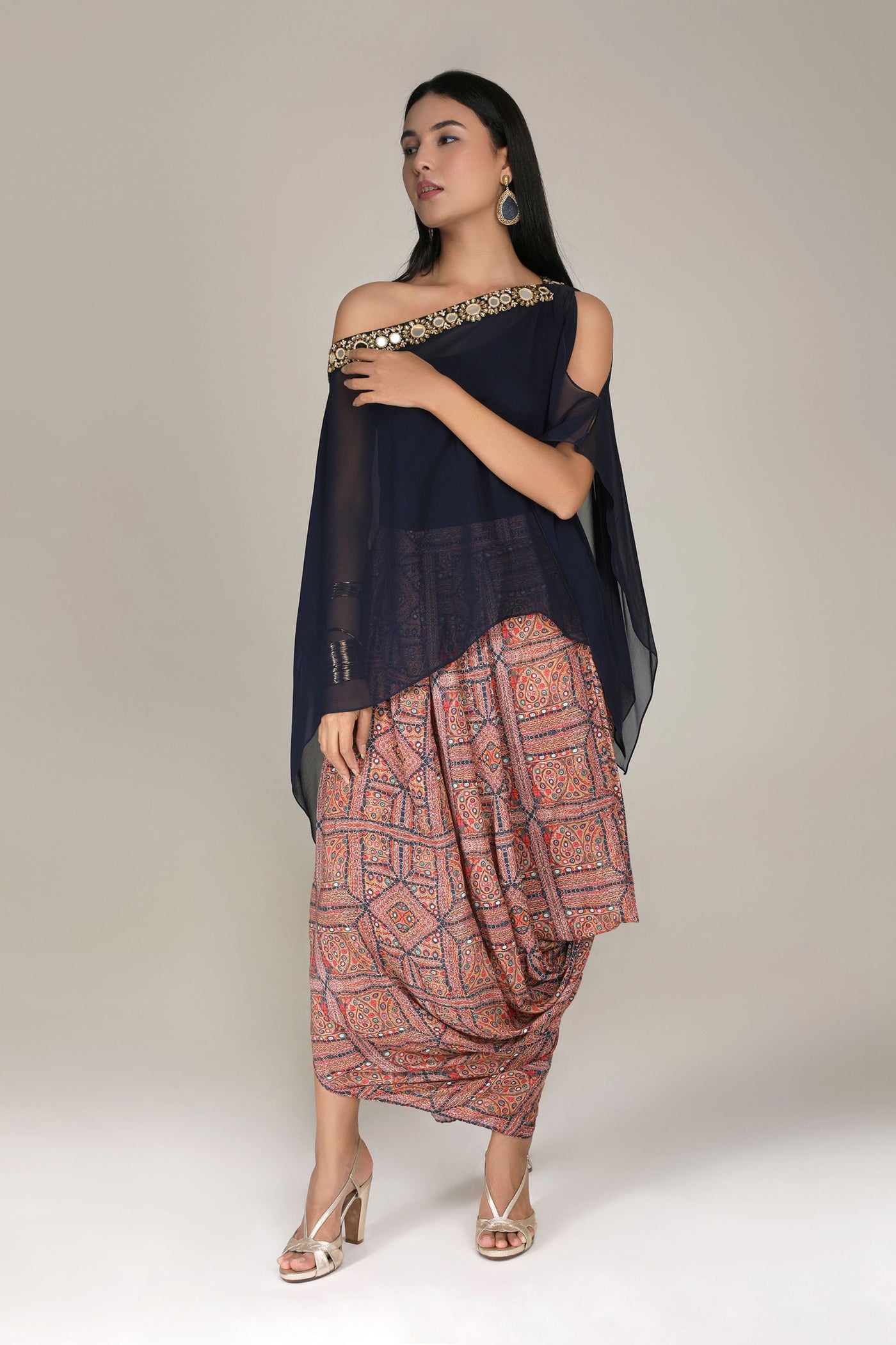 Aneehka Kutch Versatile navy blue Square top with printed drape skirt indian designer wear online shopping melange singapore