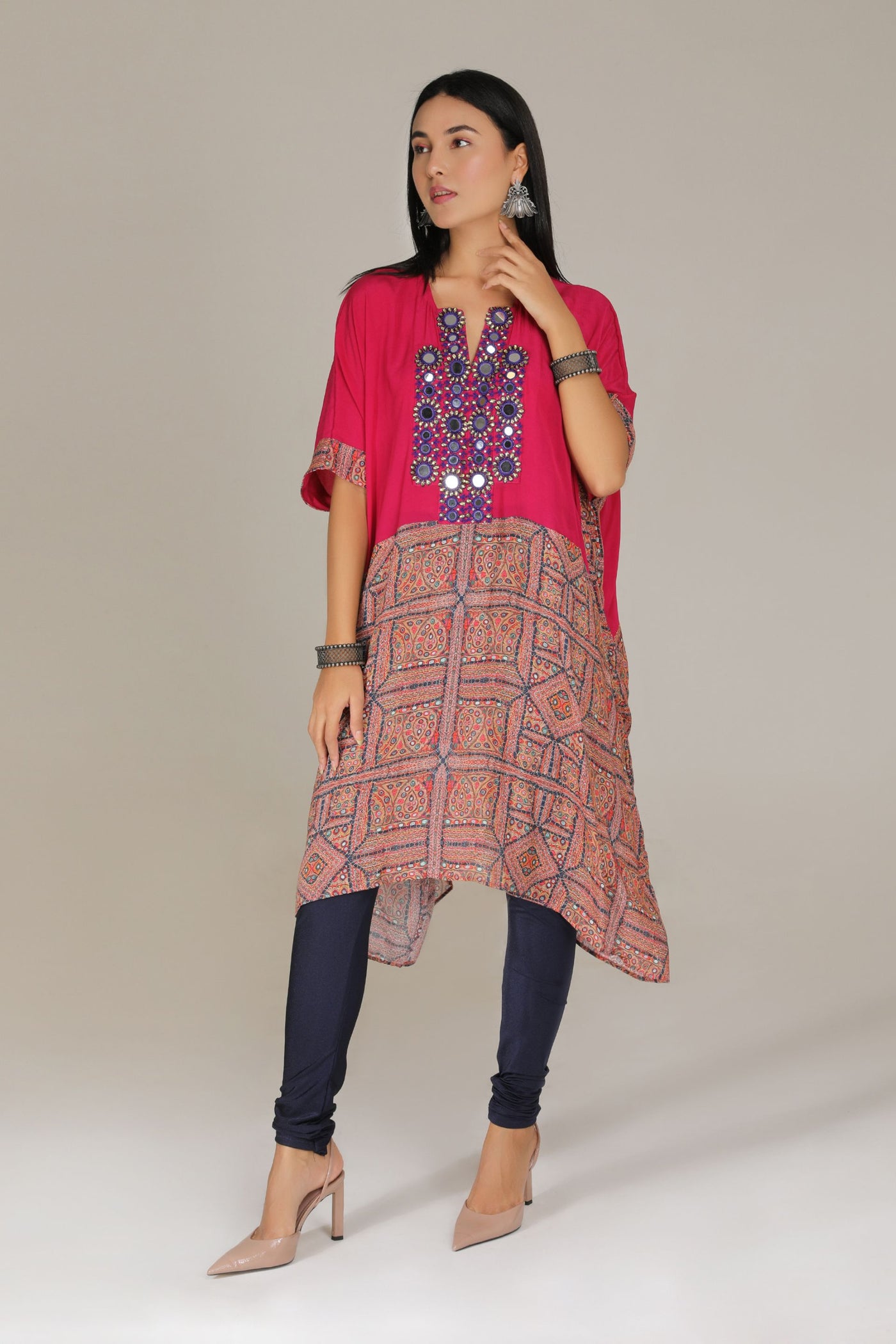 Aneehka Rani Pink Kutch kaftan with Churidar indian designer wear online shopping melange singapore