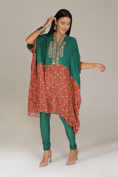 Aneehka Emerald green Kutch kaftan with Churidar indian designer wear online shopping melange singapore