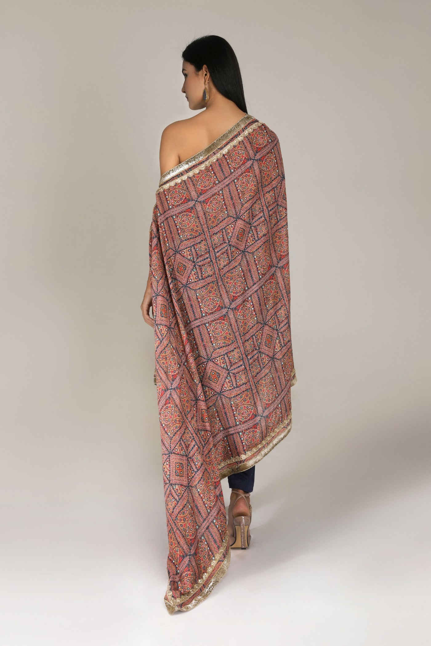 Aneehka Blue Kutch off shoulder printed drape kaftan with pants indian designer wear online shopping melange singapore