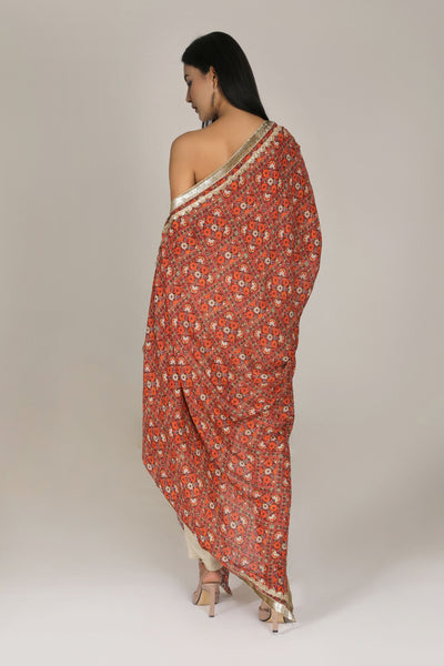 Aneehka Beige Kutch off shoulder printed drape kaftan with pants indian designer wear online shopping melange singapore