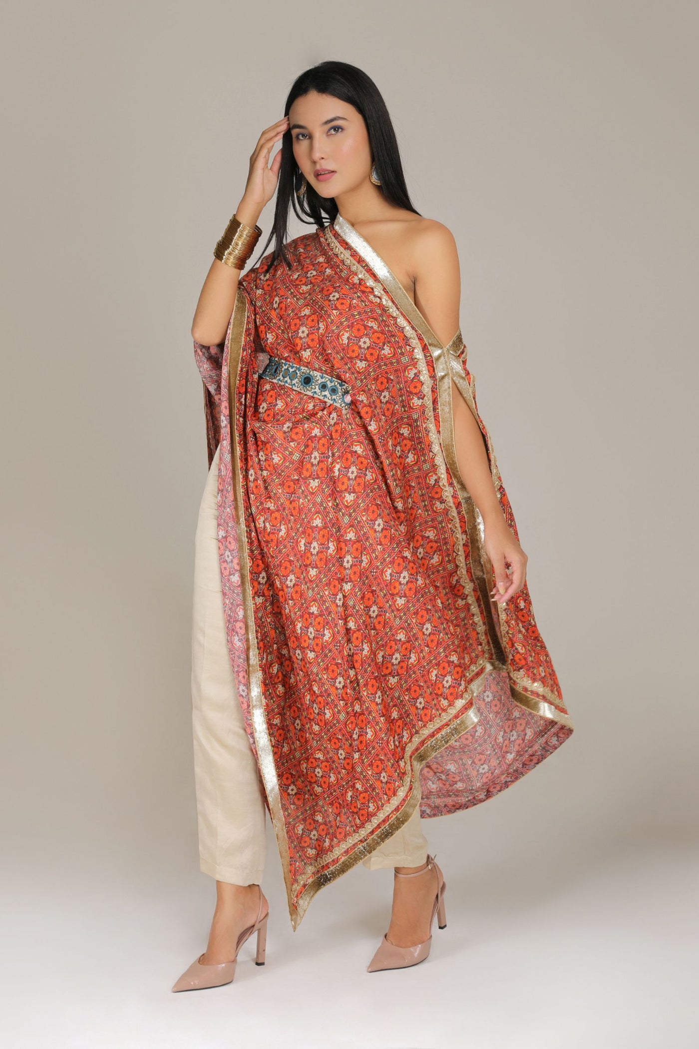 Aneehka Beige Kutch off shoulder printed drape kaftan with pants indian designer wear online shopping melange singapore