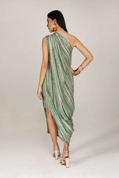 Aneehka Green Phooljhadi Single shoulder drape dress indian designer wear online shopping melange singapore