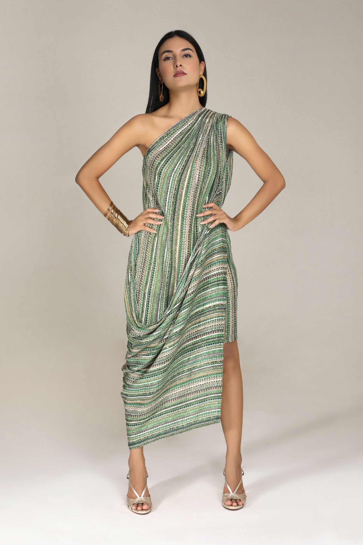 Aneehka Green Phooljhadi Single shoulder drape dress indian designer wear online shopping melange singapore