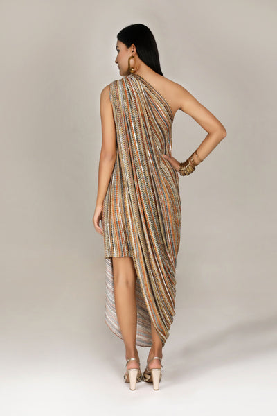 Aneehka Khaki Phooljhadi Single shoulder drape dress indian designer wear online shopping melange singapore