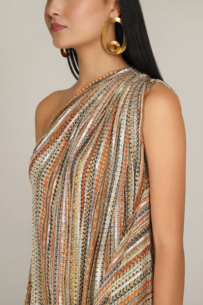 Aneehka Khaki Phooljhadi Single shoulder drape dress indian designer wear online shopping melange singapore