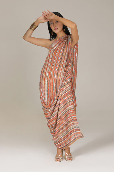 Aneehka Rust Phooljhadi Single shoulder drape dress indian designer wear online shopping melange singapore