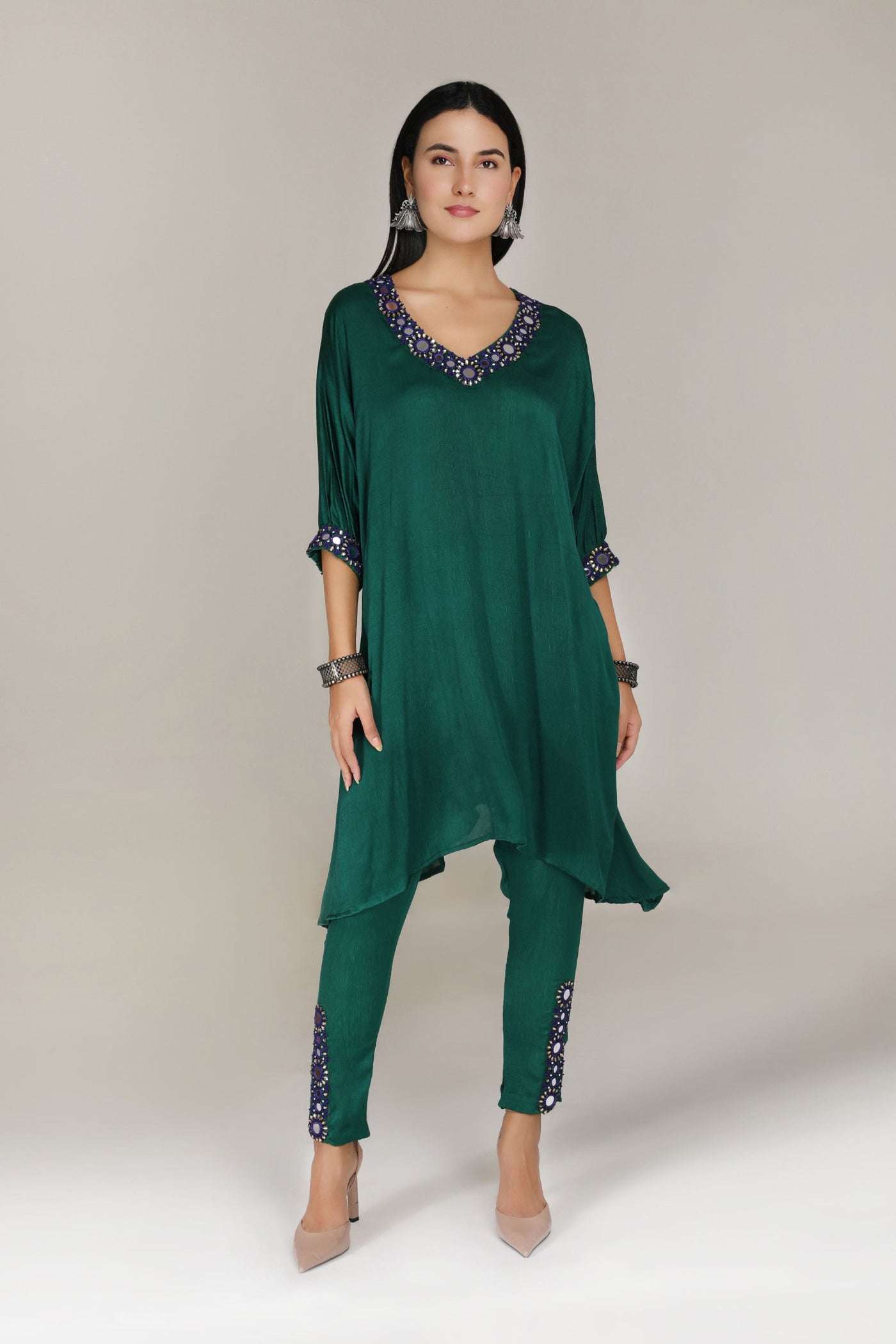Aneehka Green Shisheh Afghan Kurta with Narrow Pants indian designer wear online shopping melange singapore