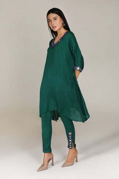 Aneehka Green Shisheh Afghan Kurta with Narrow Pants indian designer wear online shopping melange singapore