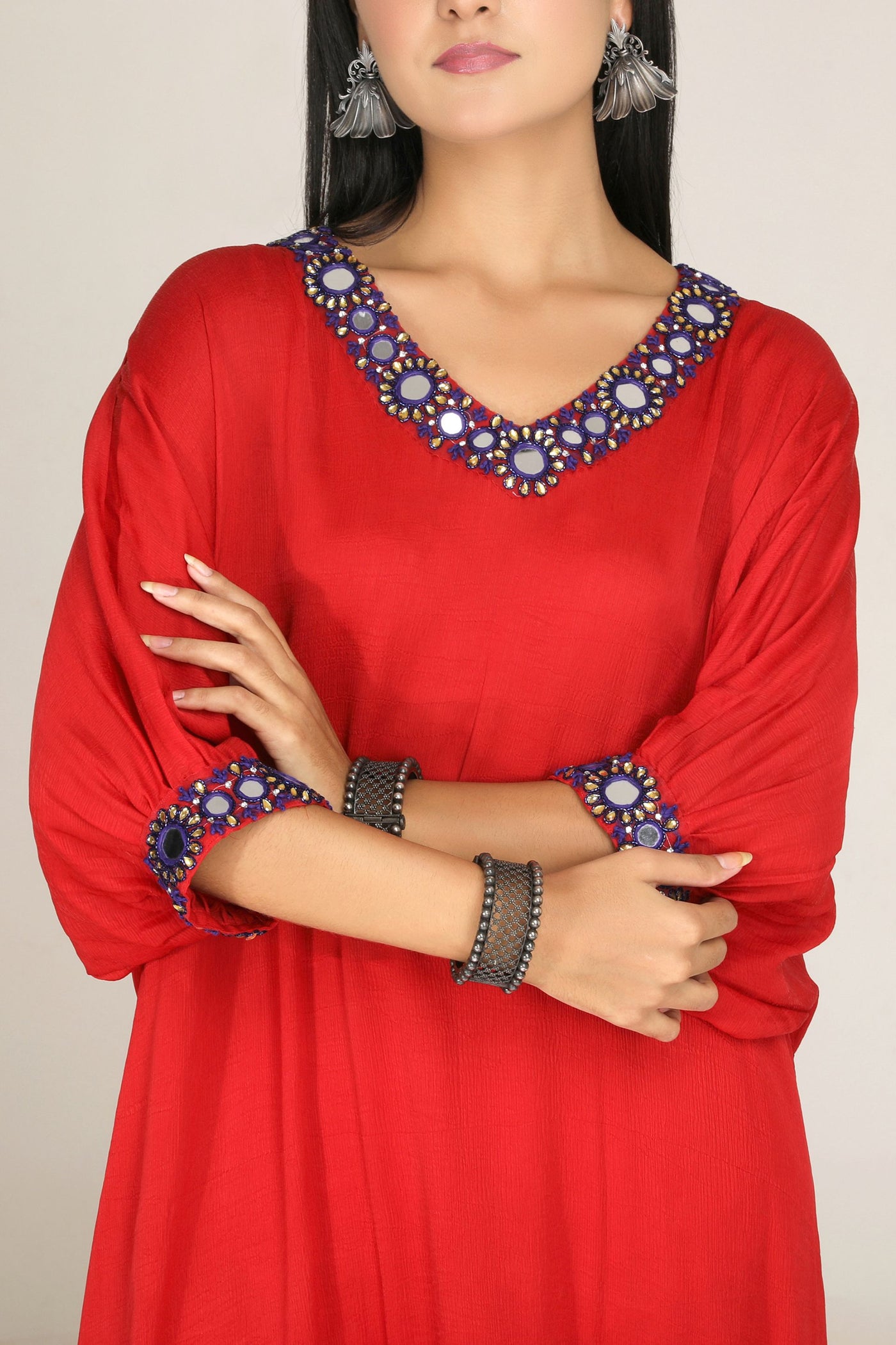 Aneehka Red Shisheh Afghan Kurta with Narrow Pants indian designer wear online shopping melange singapore