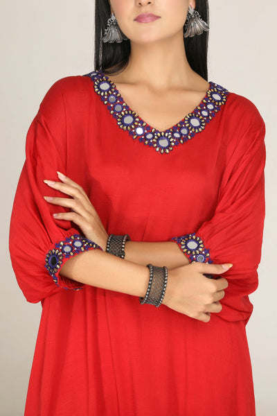 Aneehka Red Shisheh Afghan Kurta with Narrow Pants indian designer wear online shopping melange singapore