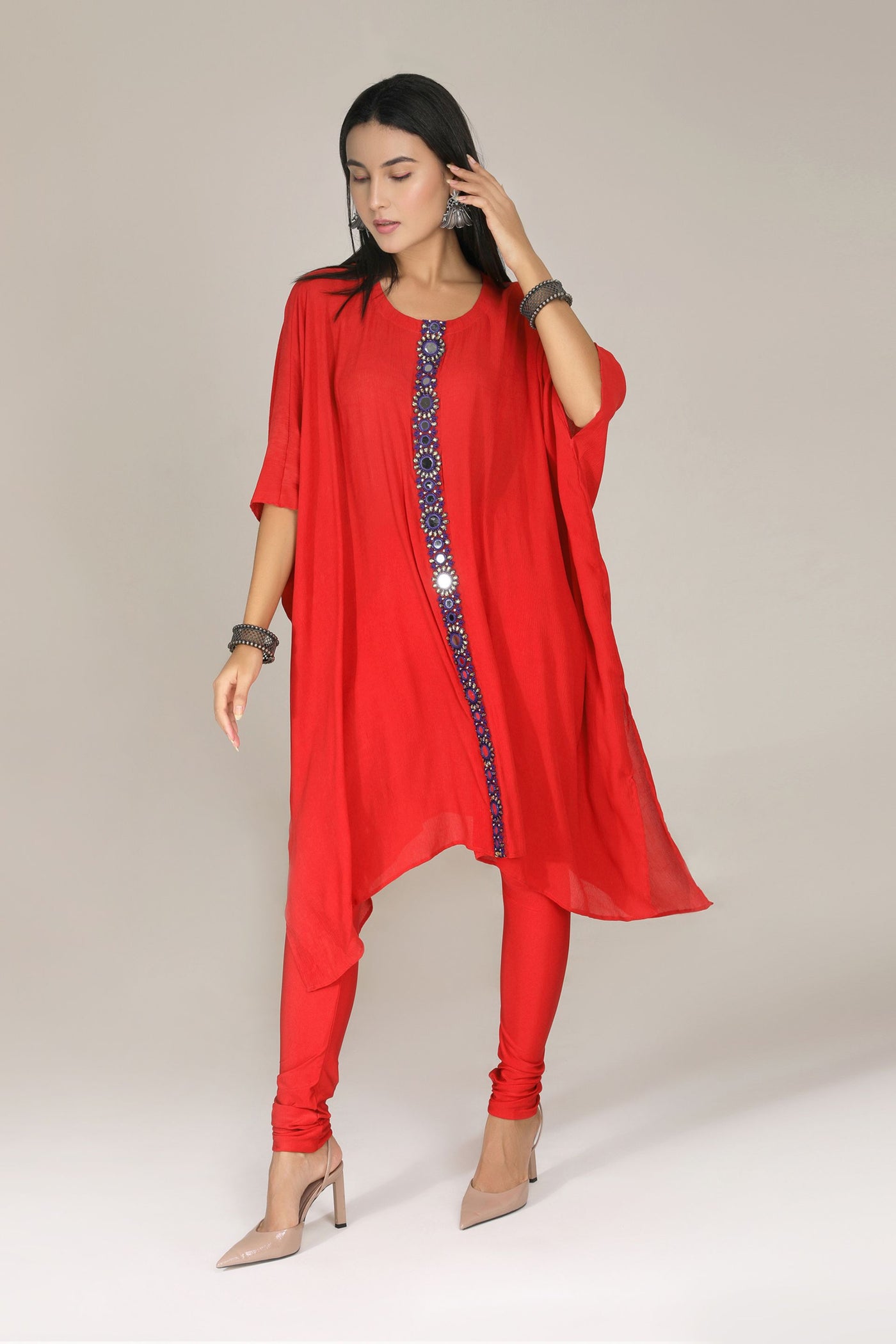 Aneehka Red Shisheh Kaftan Kurta with Churidar indian designer wear online shopping melange singapore