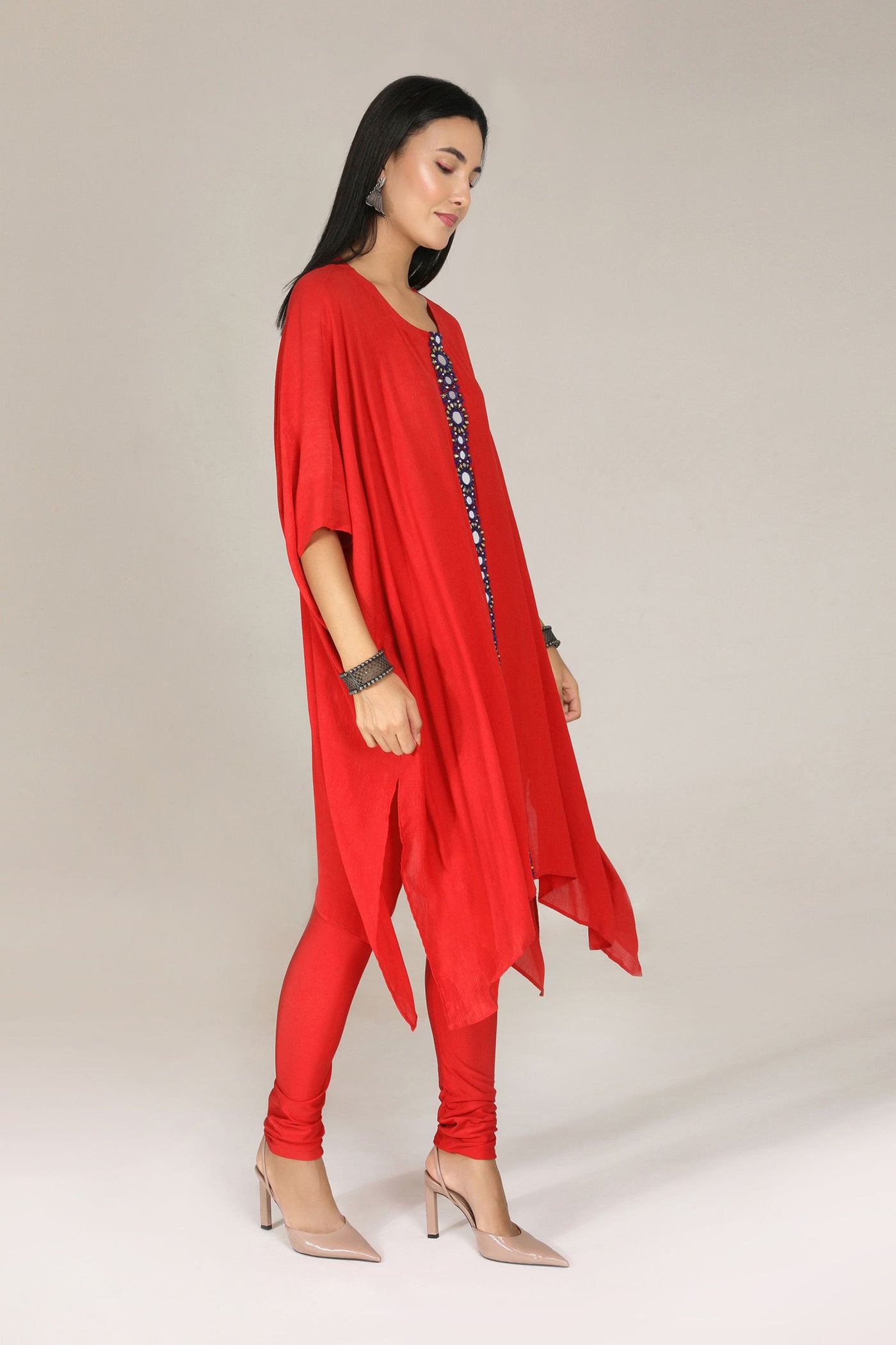 Aneehka Red Shisheh Kaftan Kurta with Churidar indian designer wear online shopping melange singapore