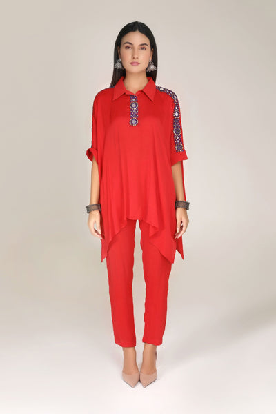 Aneehka Red Shisheh Shirt Kaftan with Pants indian designer wear online shopping melange singapore