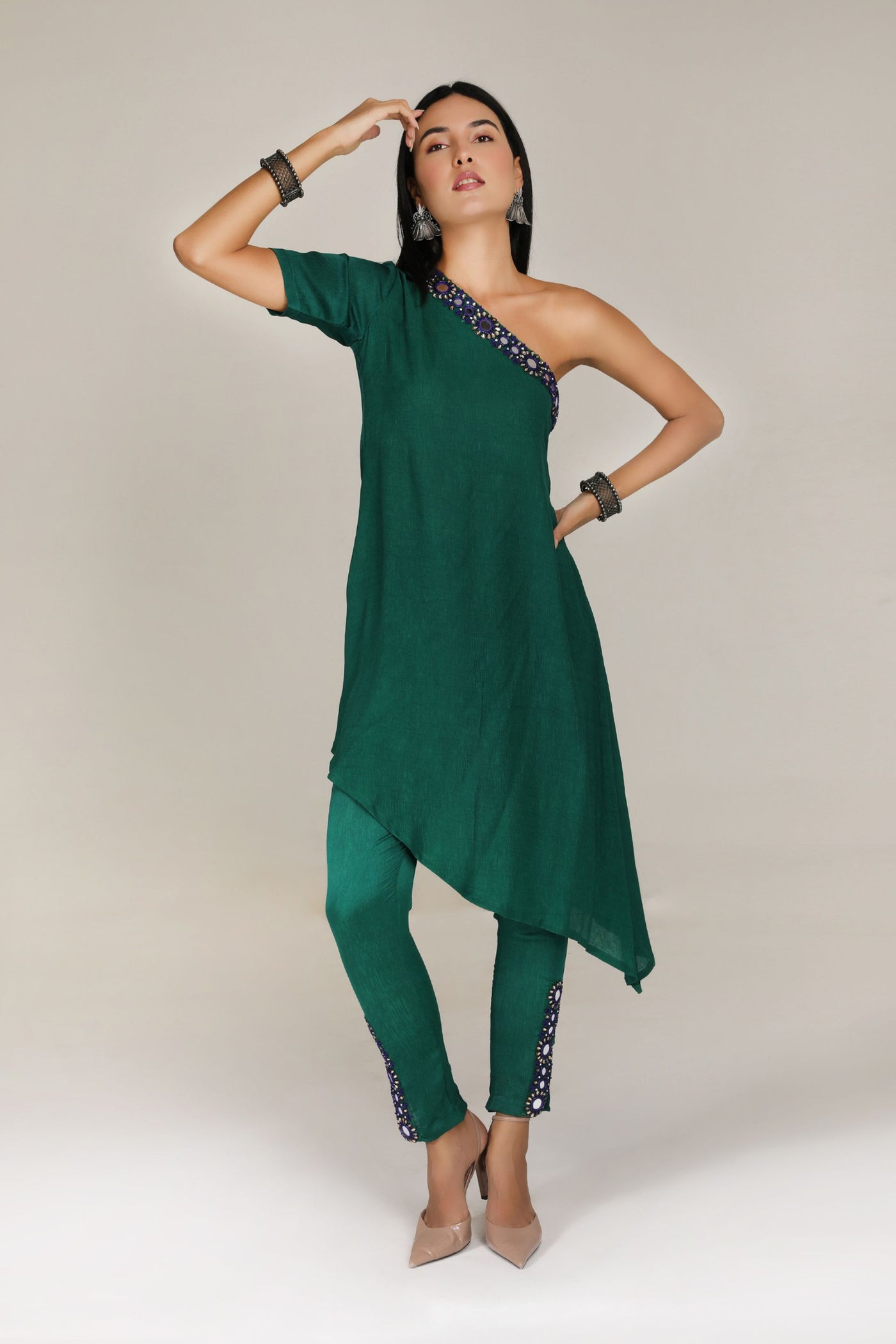 Aneehka Green Shisheh single shoulder Kurta with Narrow Pants indian designer wear online shopping melange singapore