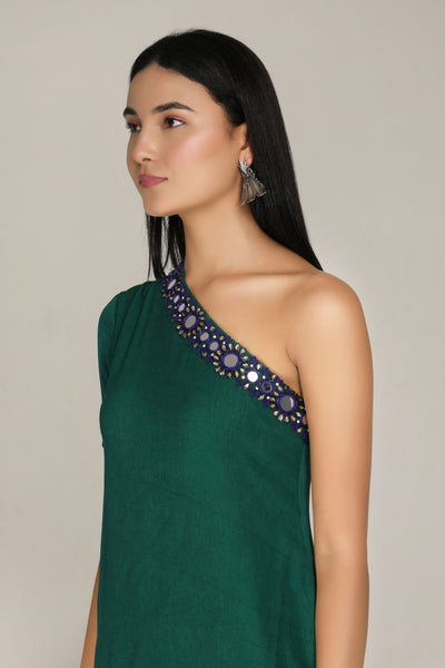 Aneehka Green Shisheh single shoulder Kurta with Narrow Pants indian designer wear online shopping melange singapore