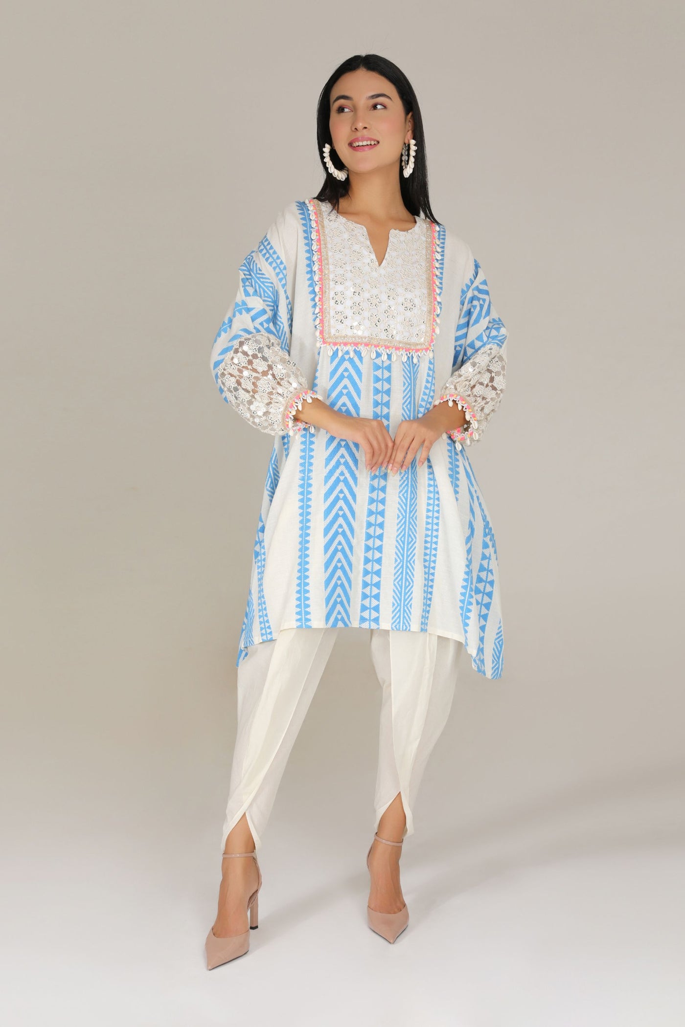 Aneehka Blue Tribara Afghani Kurta With Dhoti Pants indian designer wear online shopping melange singapore