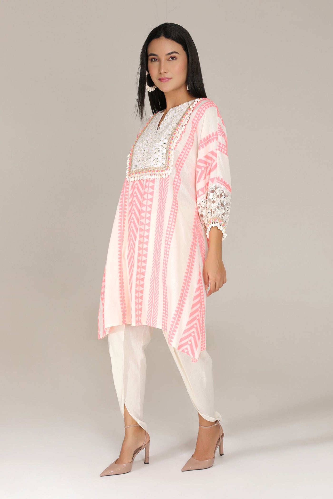 Aneehka Pink Tribara Afghani Kurta With Dhoti Pants indian designer wear online shopping melange singapore