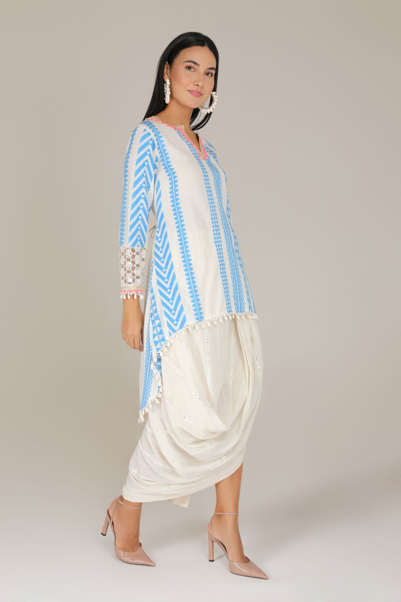 Aneehka Blue Tribara High Low Tunic with Drape Skirt indian designer wear online shopping melange singapore