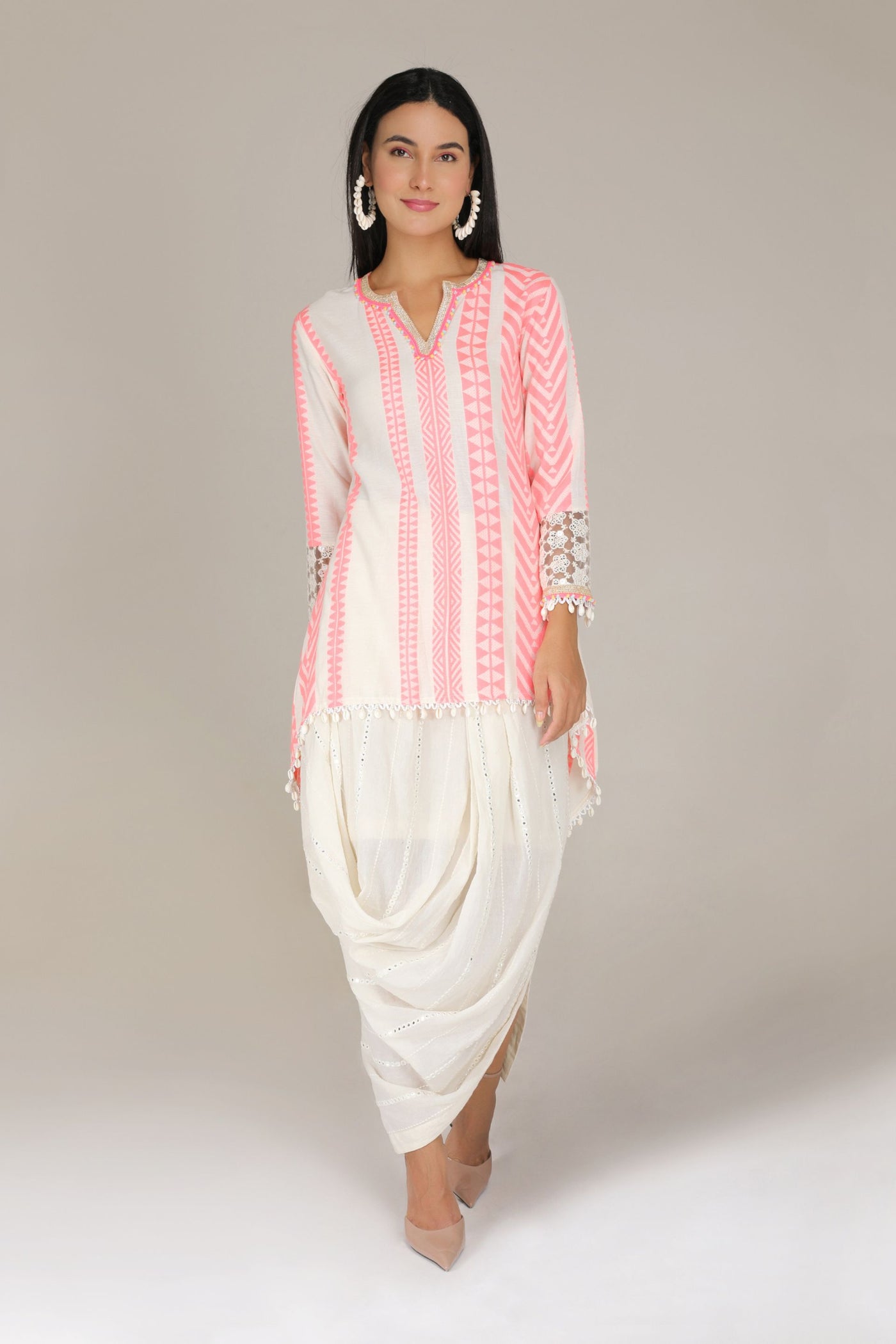 Aneehka Pink Tribara High Low Tunic with Drape Skirt indian designer wear online shopping melange singapore