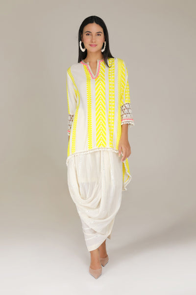 Aneehka Yellow Tribara High Low Tunic with Drape Skirt indian designer wear online shopping melange singapore