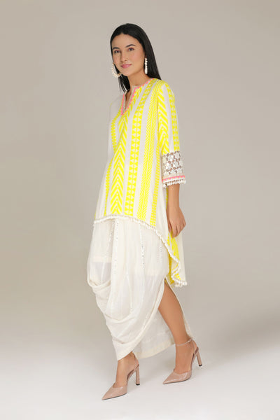 Aneehka Yellow Tribara High Low Tunic with Drape Skirt indian designer wear online shopping melange singapore
