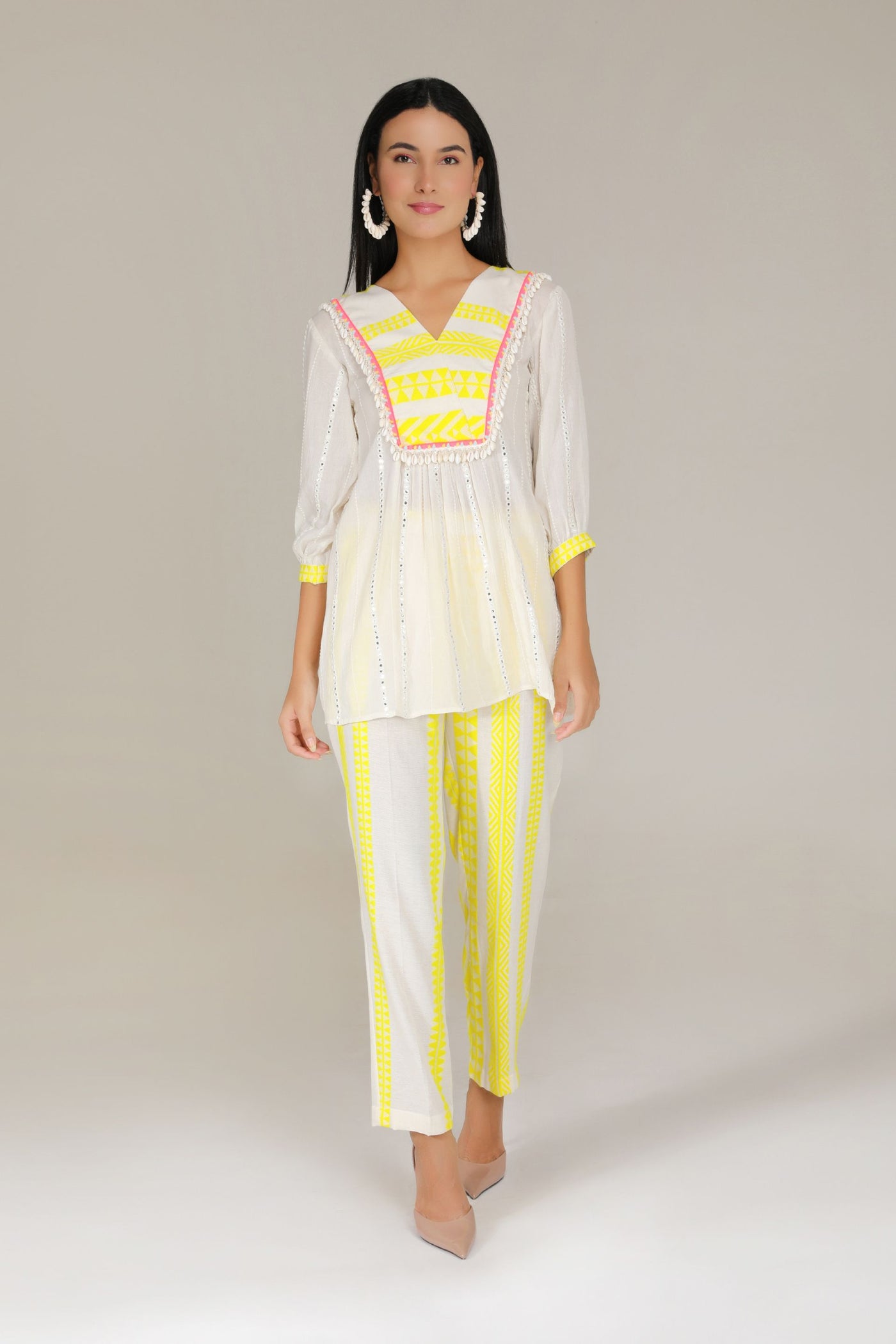 Aneehka Yellow Tribara straight Kurta With Pants indian designer wear online shopping melange singapore