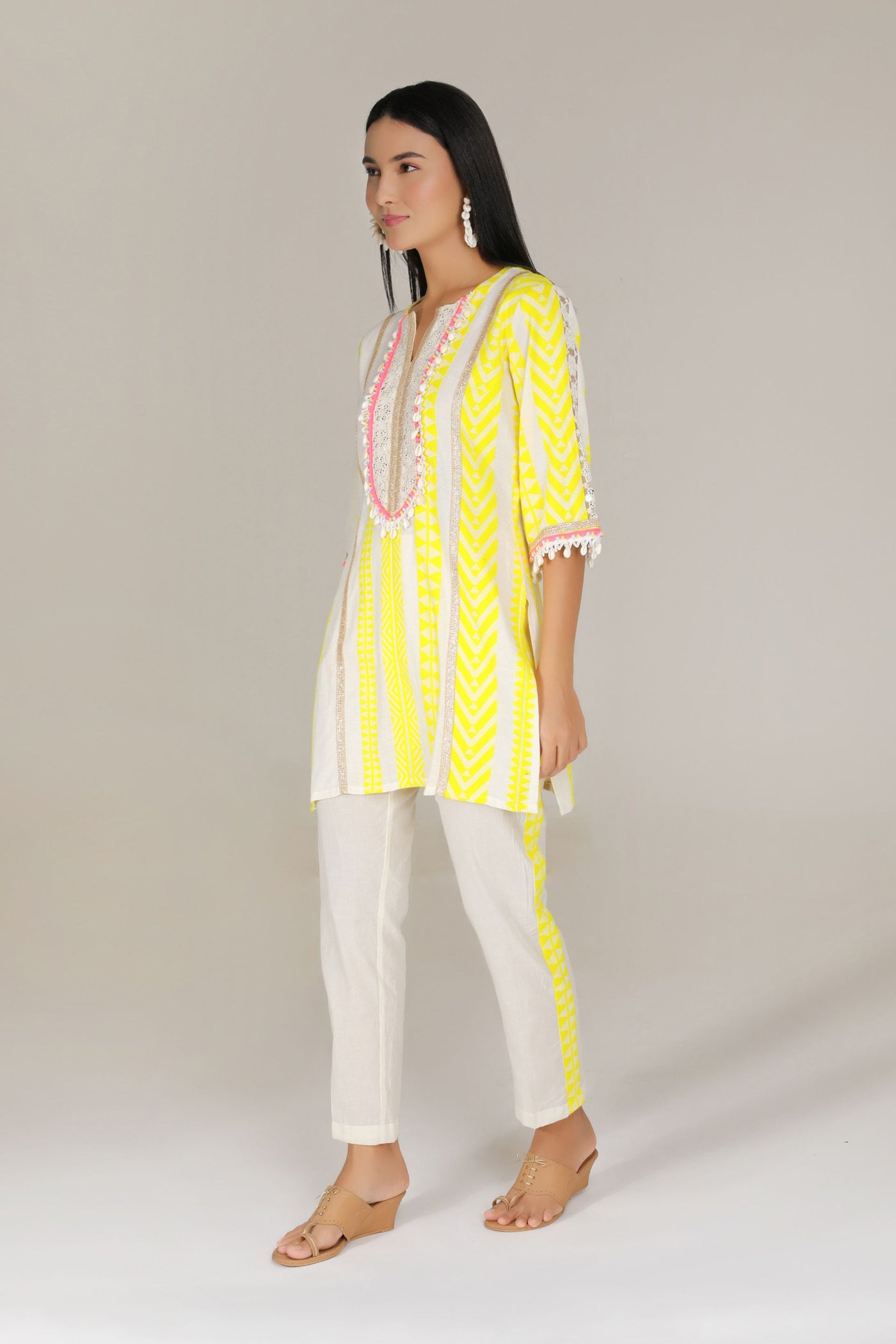 Aneehka Yellow Tribara straight Kurta With Pants indian designer wear online shopping melange singapore