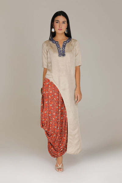 Aneehka Beige kutch side cut long tunic with printed drape skirt indian designer wear online shopping melange singapore