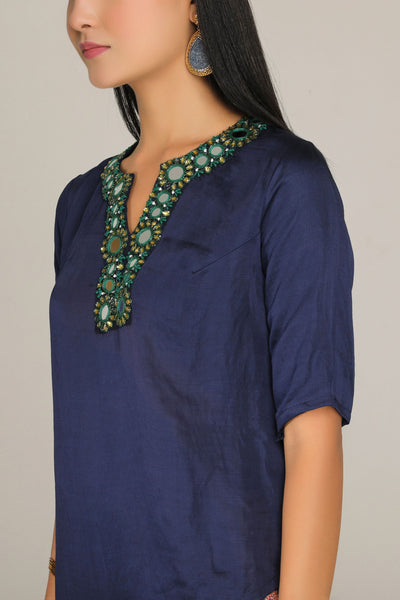 Aneehka Navy blue kutch side cut long tunic  with printed drape skirt indian designer wear online shopping melange singapore