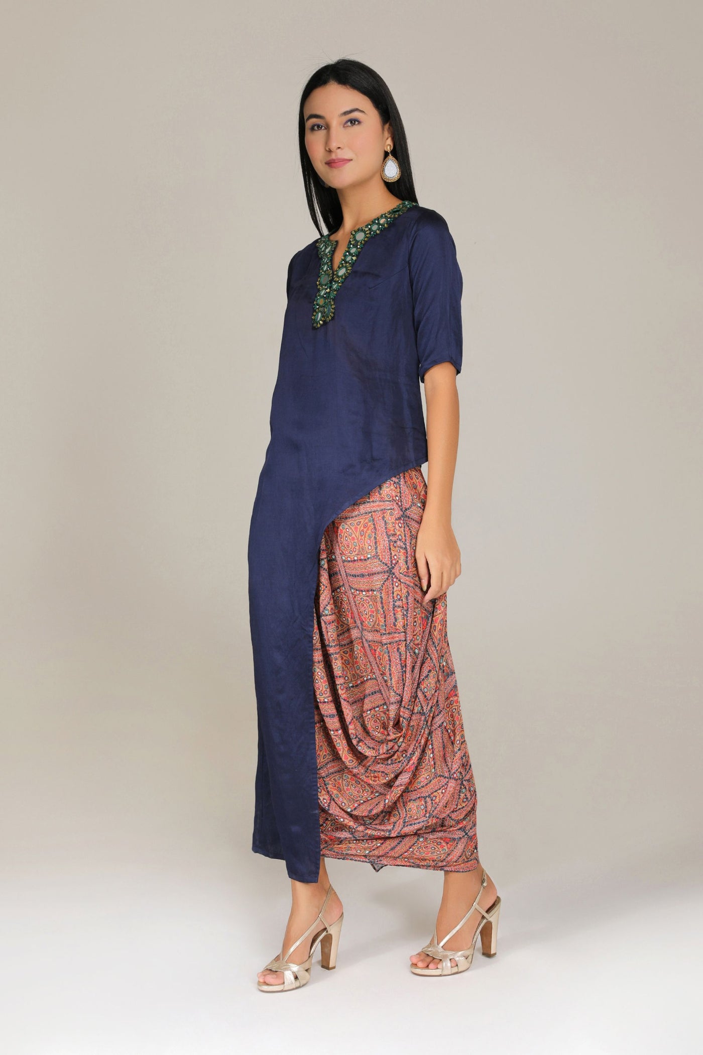 Aneehka Navy blue kutch side cut long tunic  with printed drape skirt indian designer wear online shopping melange singapore