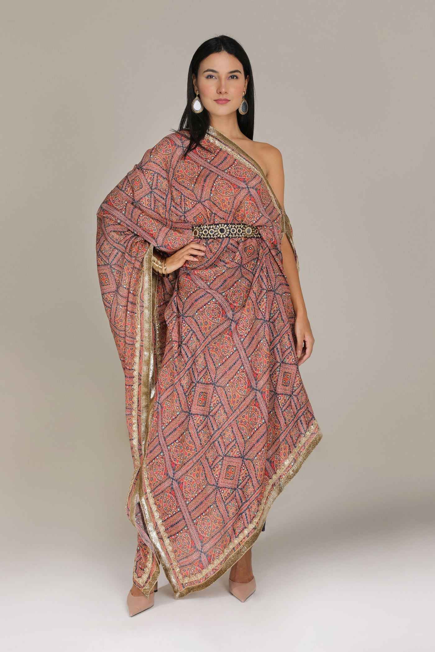 Aneehka Blue Kutch off shoulder printed drape kaftan with pants indian designer wear online shopping melange singapore