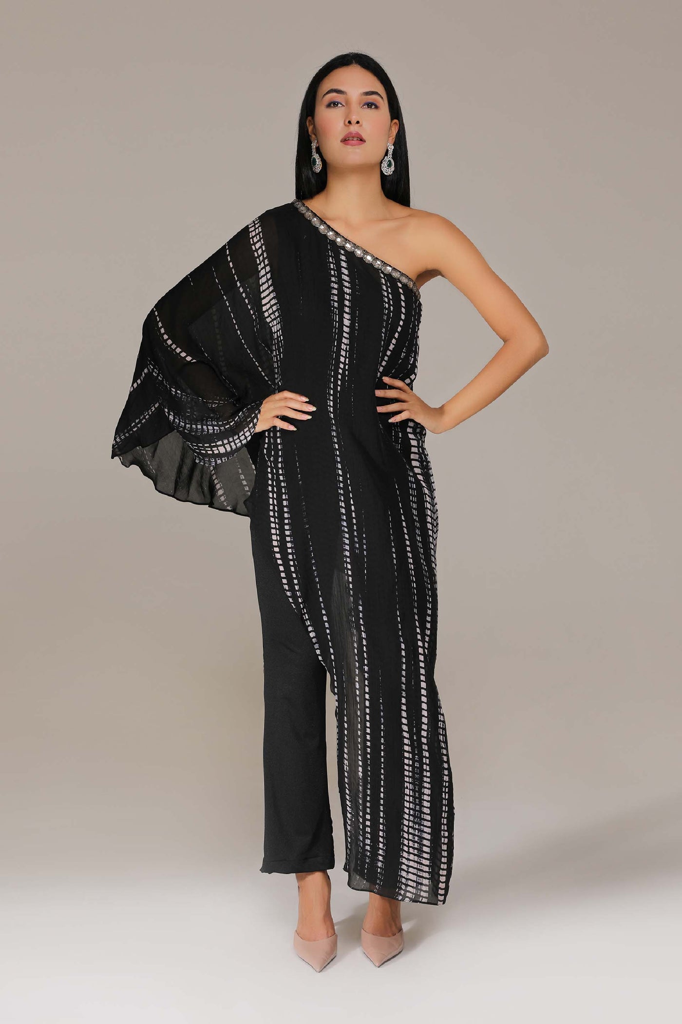 Aneehka Black Raya Single Shoulder Jump Suit indian designer wear online shopping melange singapore