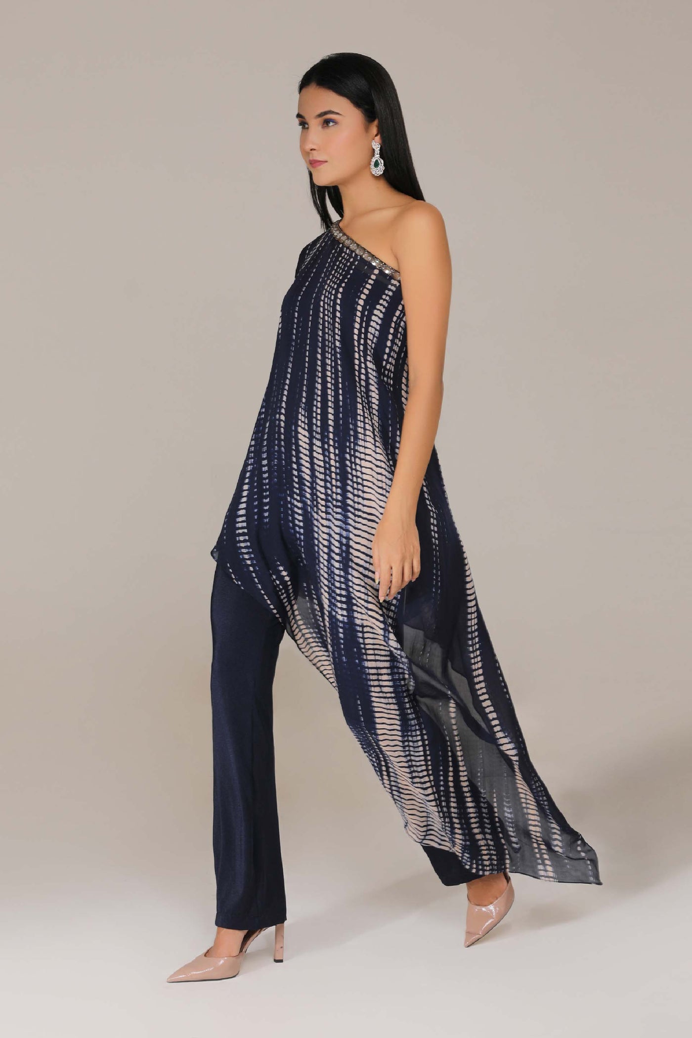 Aneehka Blue Raya Single Shoulder Jump Suit indian designer wear online shopping melange singapore