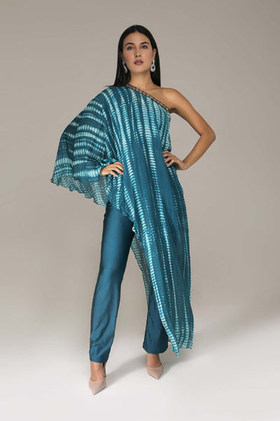 Aneehka Teal Raya Single Shoulder Jump Suit indian designer wear online shopping melange singapore