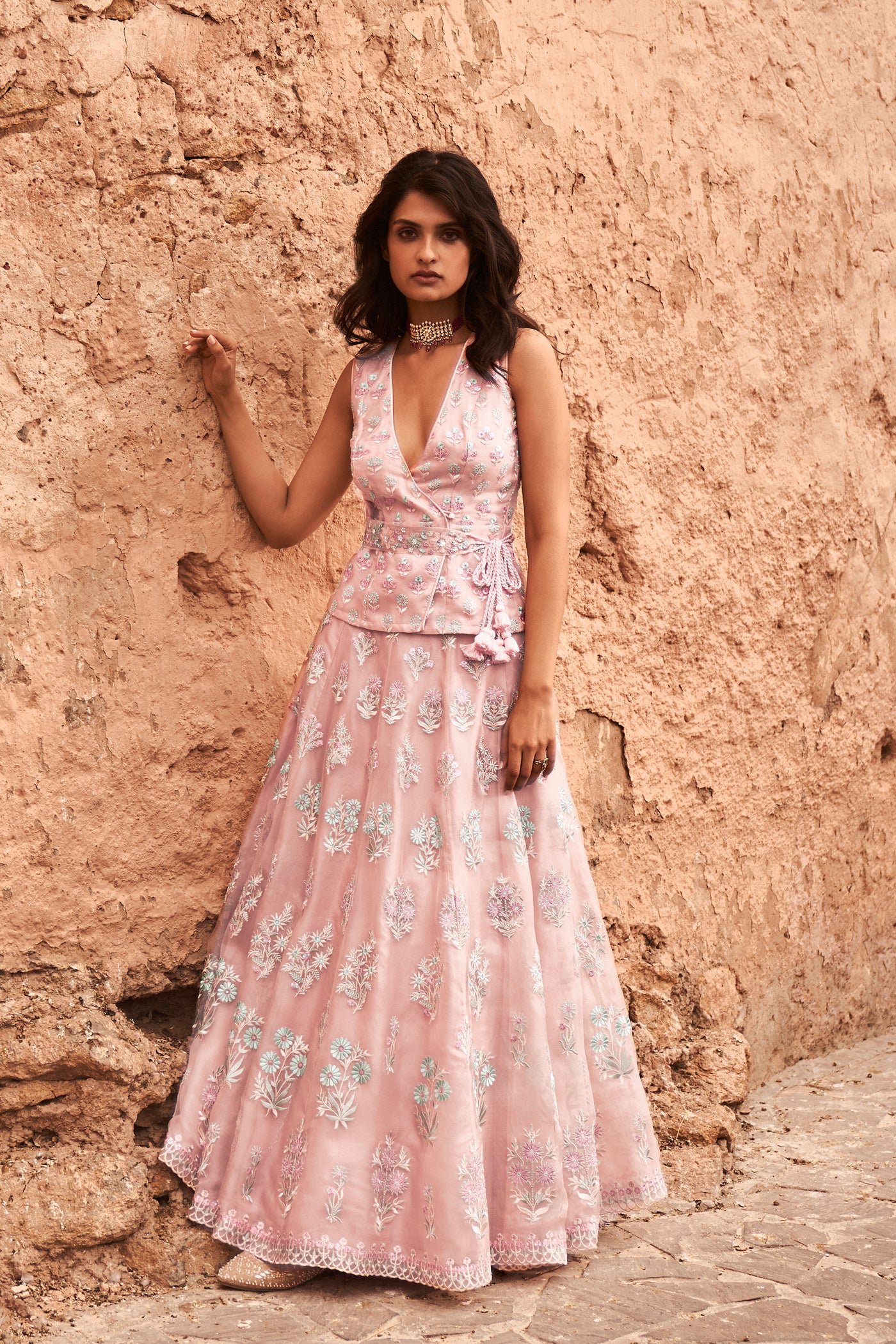 Anita Dongre Amora Overlap Top & Skirt Set Pink online shopping melange singapore indian designer wear festive occasion bridal wedding trousseau lehenga