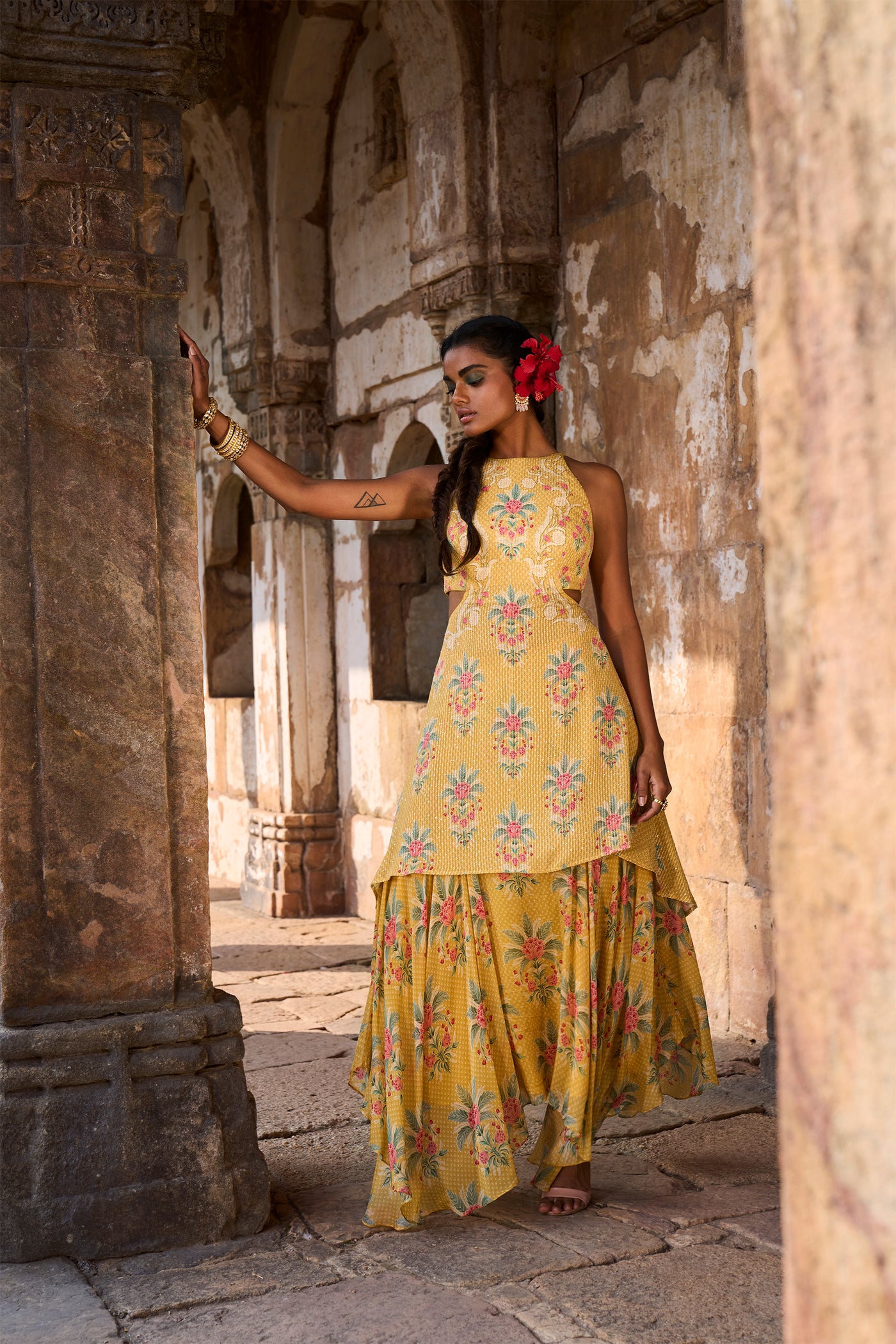 Anita Dongre Palma Skirt Set Mustard festive indian designer wear online shopping melange singapore
