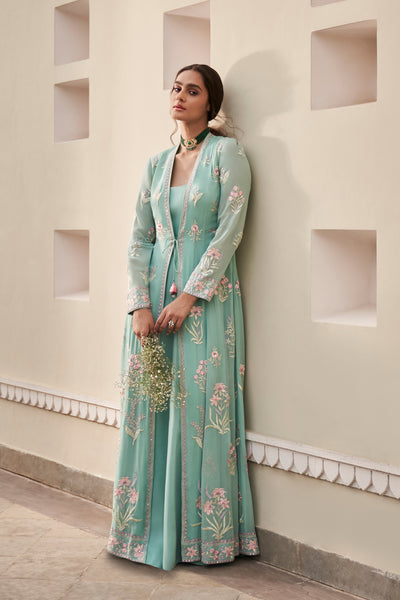 Anita Dongre Tesoro Jacket Set Aqua blue online shopping melange singapore Indian designer wear festive wedding bridal trousseau