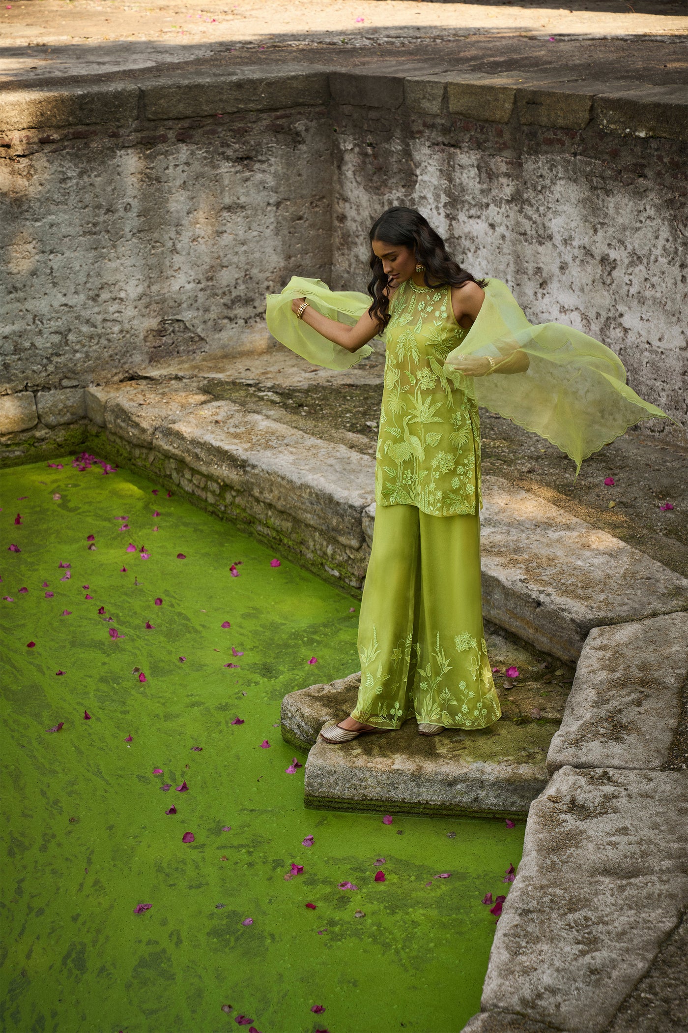 Anita Dongre Tropical Flamingos Kurta Set Lime green festive indian designer wear online shopping melange singapore
